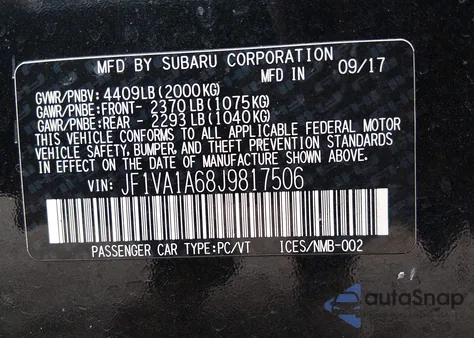 2018 Subaru Wrx z USA, uszkodzony, nr VIN JF1VA1A68J9817506